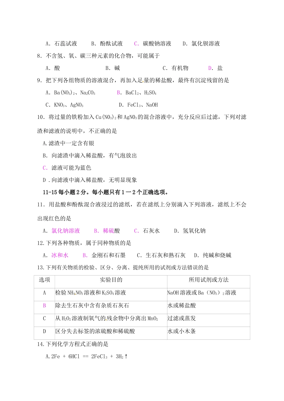九年级化学下学期学情调查试卷(一)(无答案)试卷_第2页