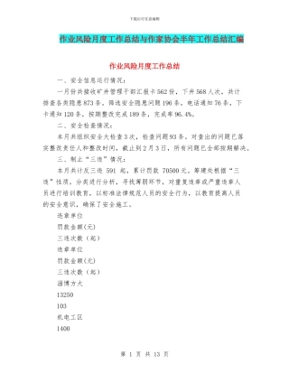 作业风险月度工作总结与作家协会半年工作总结汇编
