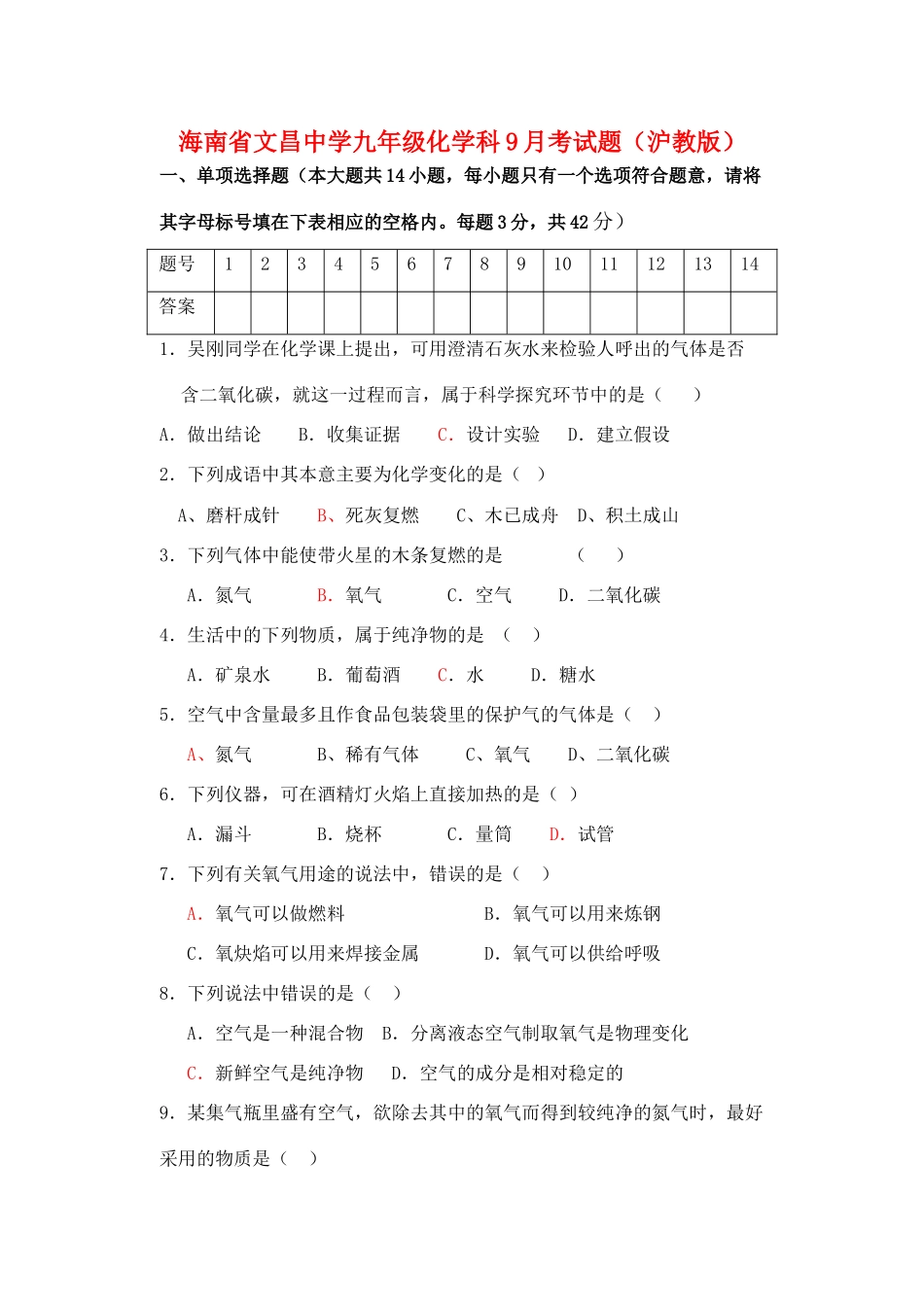 九年级化学笫一学期科9月考试卷 沪教版试卷_第1页