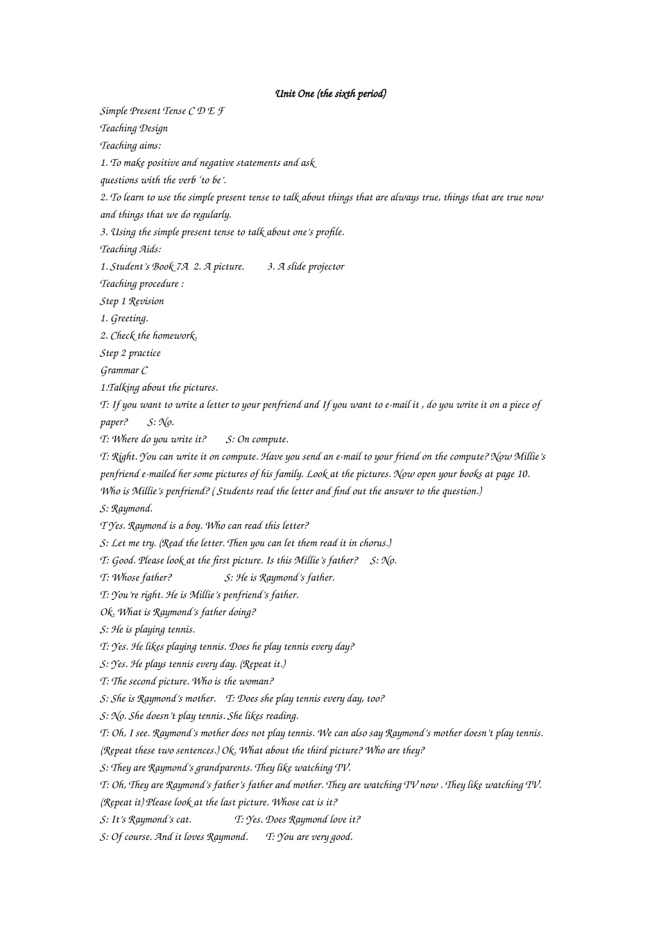 牛津初中英语7A第一单元第六课时教案_第1页