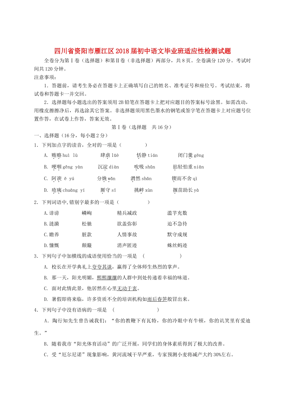 初中语文毕业班适应性检测试题_第1页