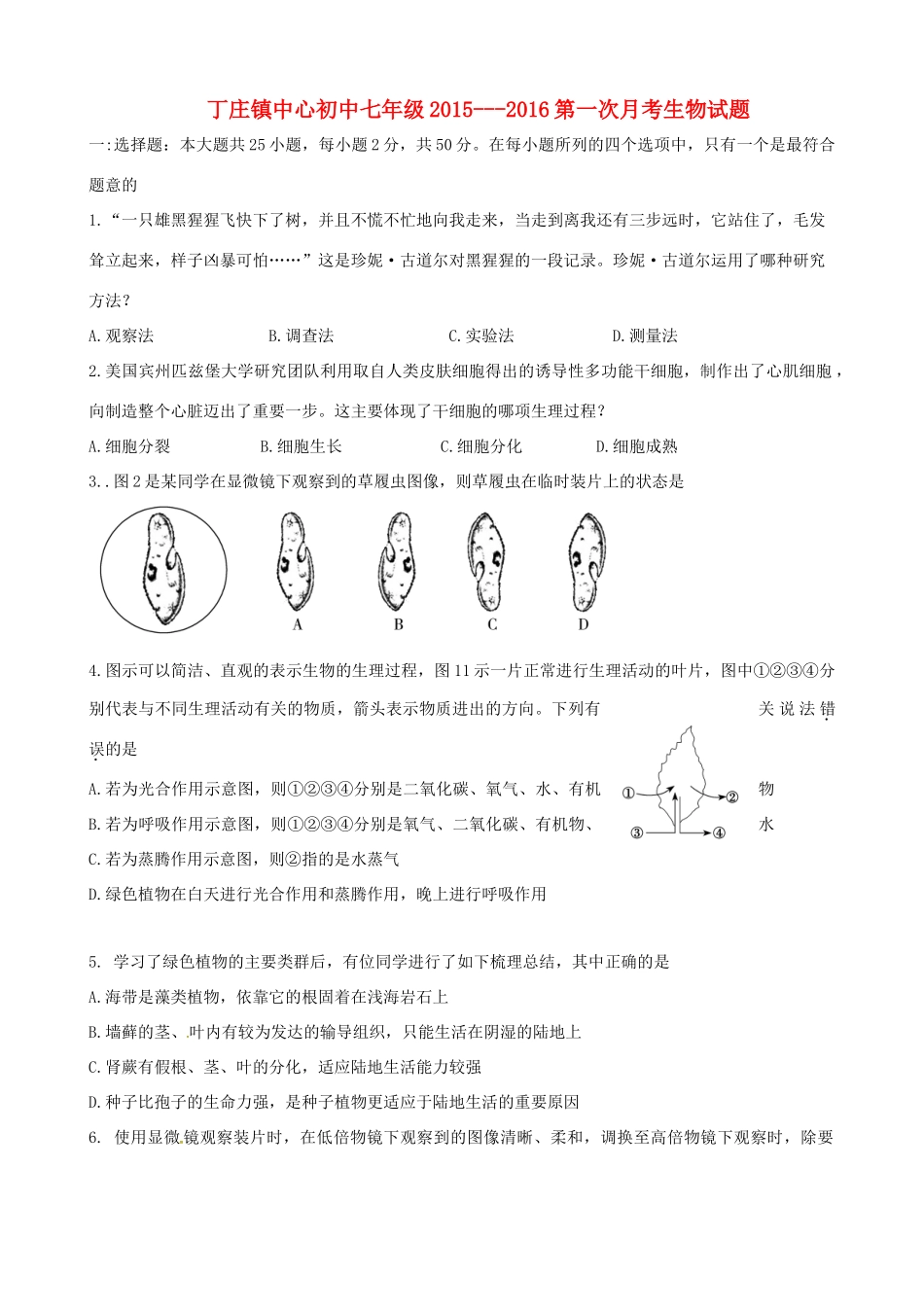 初中七年级生物10月月考试题(无答案) 鲁科版 试题_第1页
