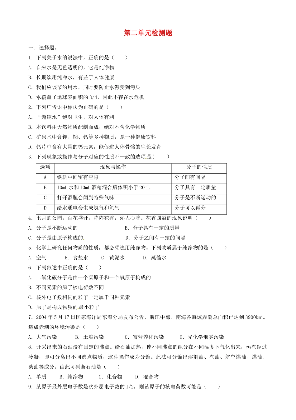 九年级化学 第二单元 水和溶液测试卷 鲁教版试卷_第1页