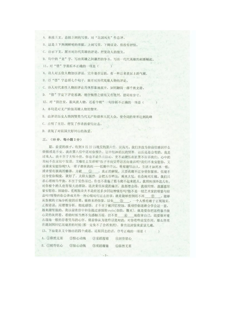 山东省新泰市九年级语文上学期期中试卷新人教版试卷_第3页