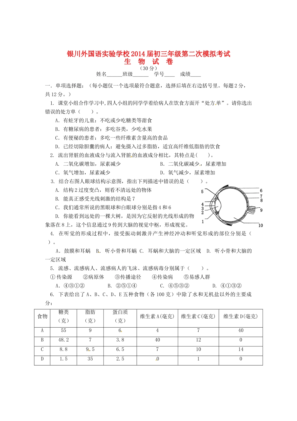 宁夏银川外国语实验学校届九年级生物第二次模拟考试试卷_第1页