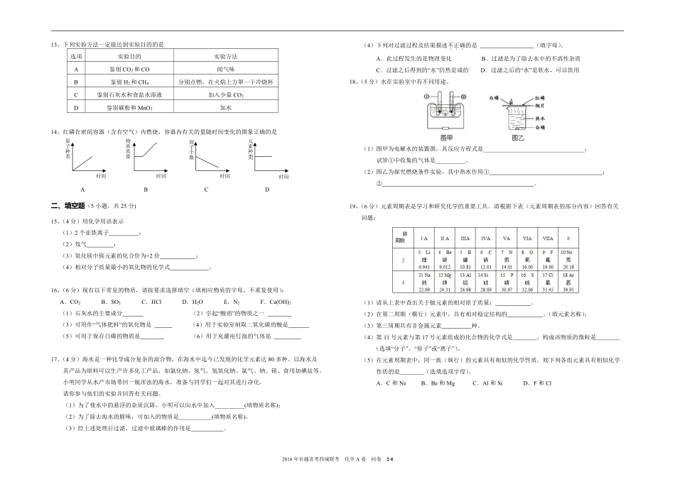 九年级化学下学期省考四城联考试卷(pdf，A卷)问卷 010951_第2页
