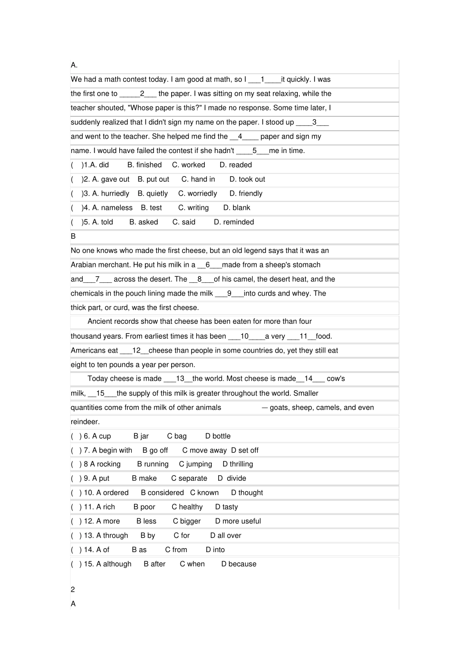 九年级上册英语完形填空_第1页