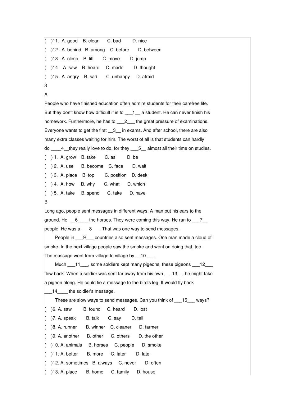 九年级上册英语完形填空_第3页