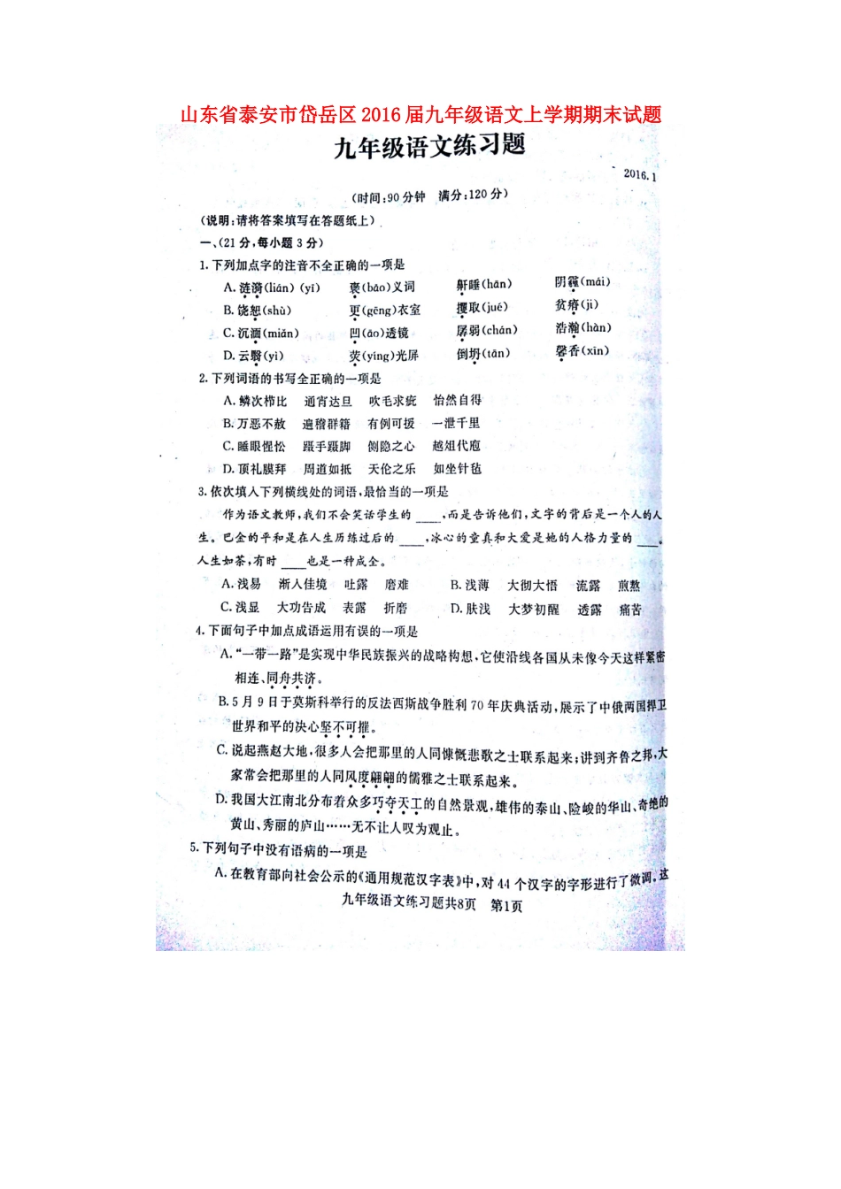 山东省泰安市岱岳区九年级语文上学期期末试卷新人教版五四制试卷_第1页
