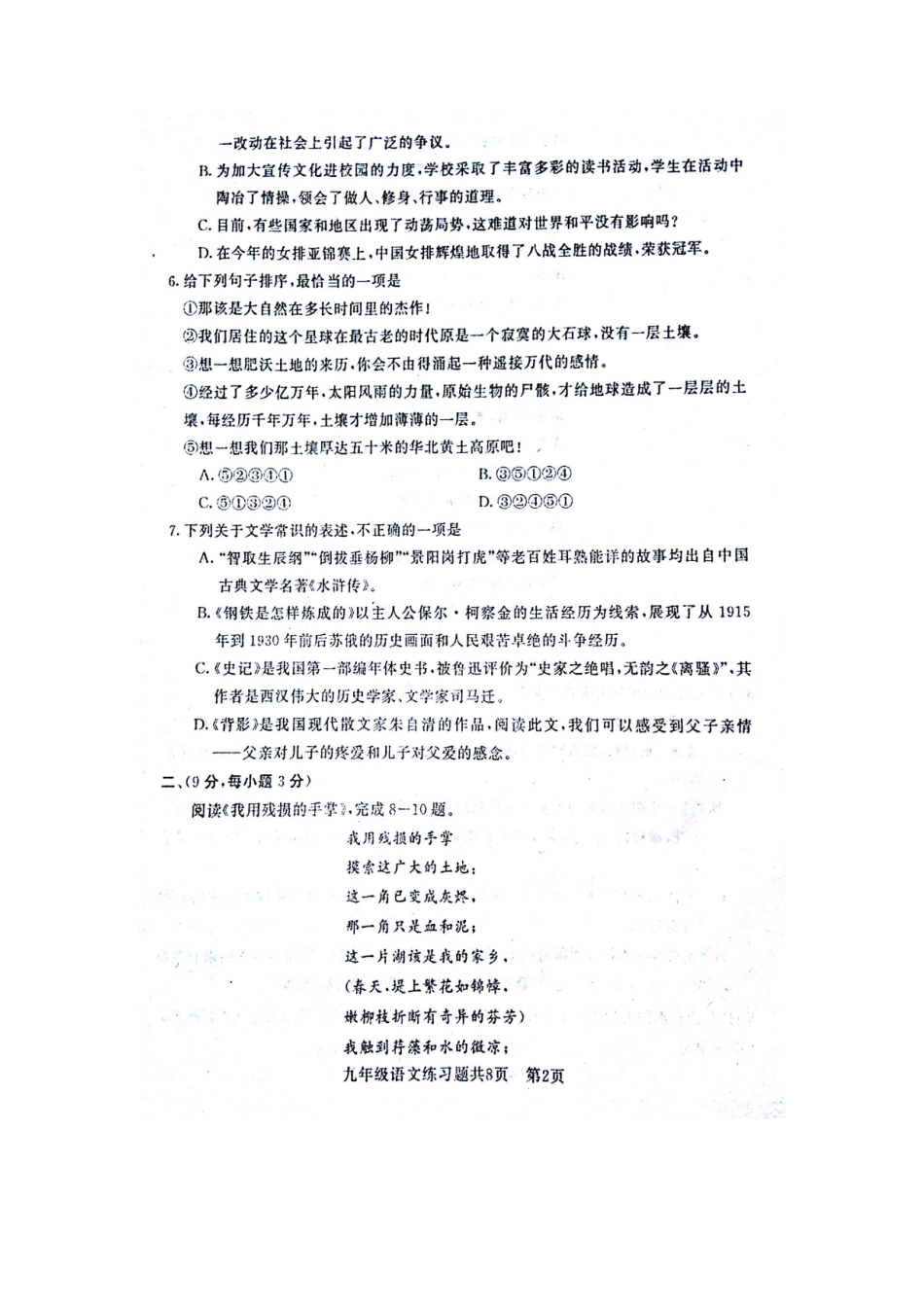 山东省泰安市岱岳区九年级语文上学期期末试卷新人教版五四制试卷_第2页