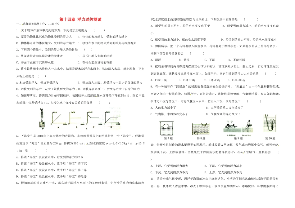 九年级物理 第十四章 浮力过关测试卷试卷_第1页