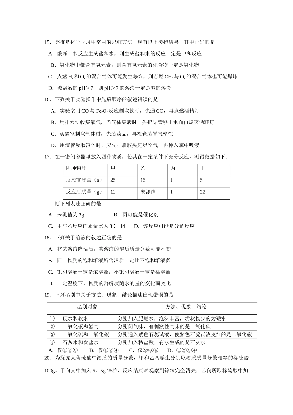 九年级化学第二学期第二次模拟考试试卷上教版试卷_第3页