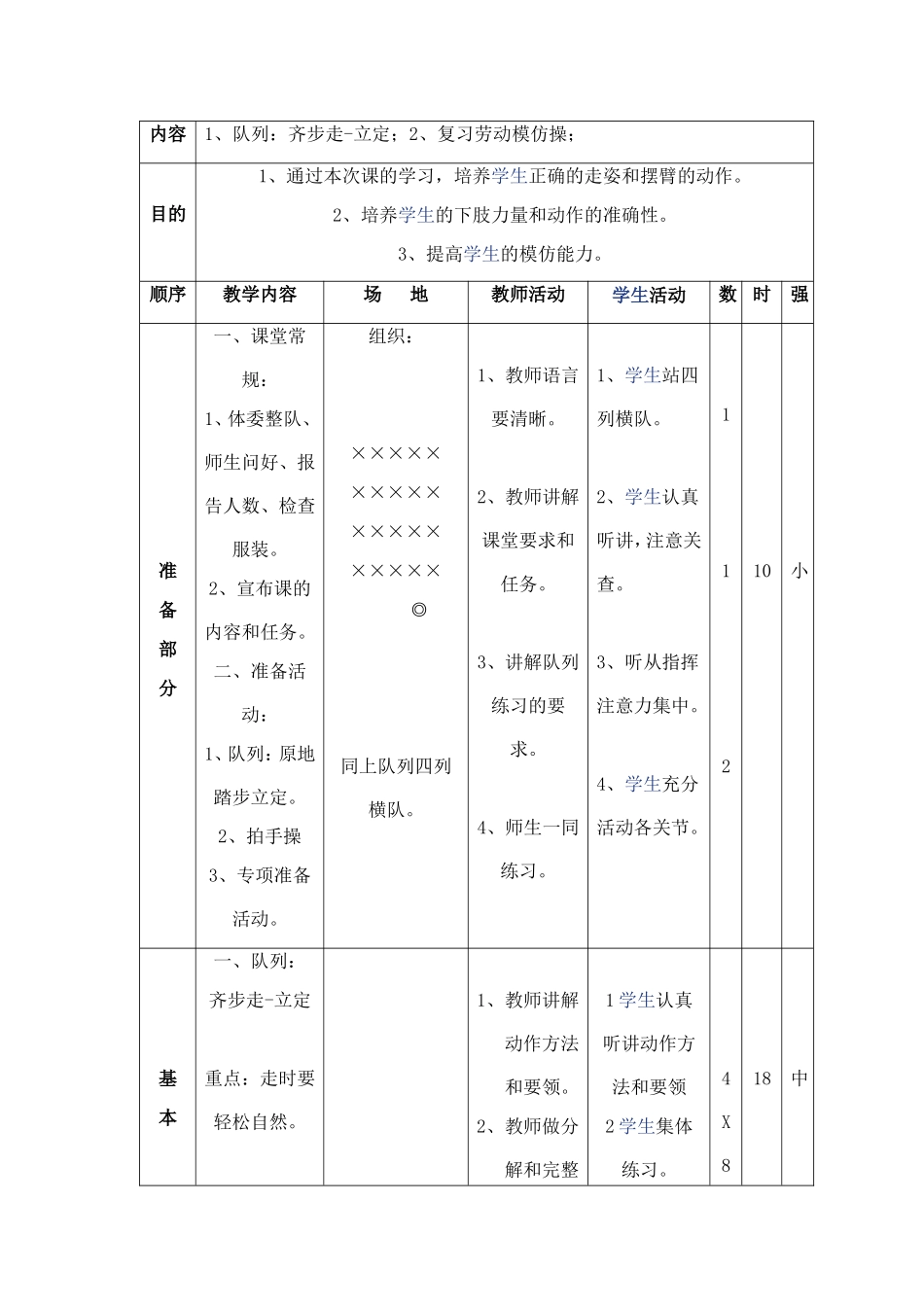 队列：齐步走-立定;2、复习劳动模仿操_第1页
