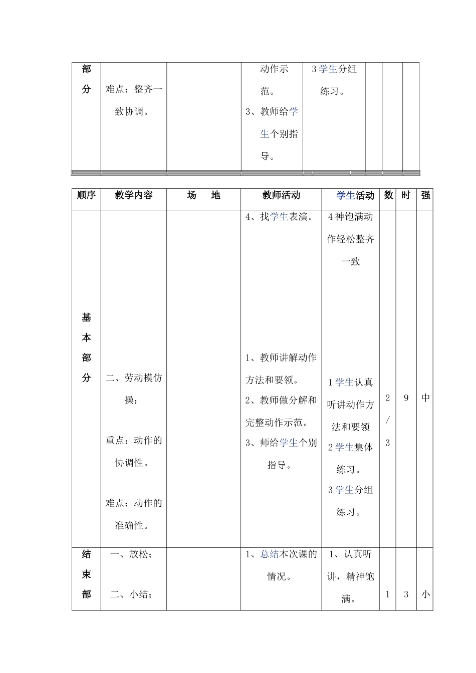 队列：齐步走-立定;2、复习劳动模仿操_第2页