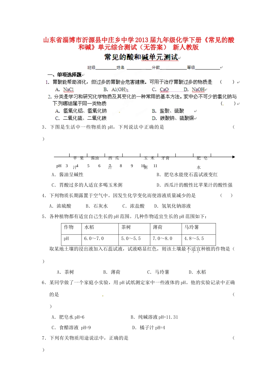 九年级化学下册(常见的酸和碱)单元综合测试 新人教版试卷_第1页