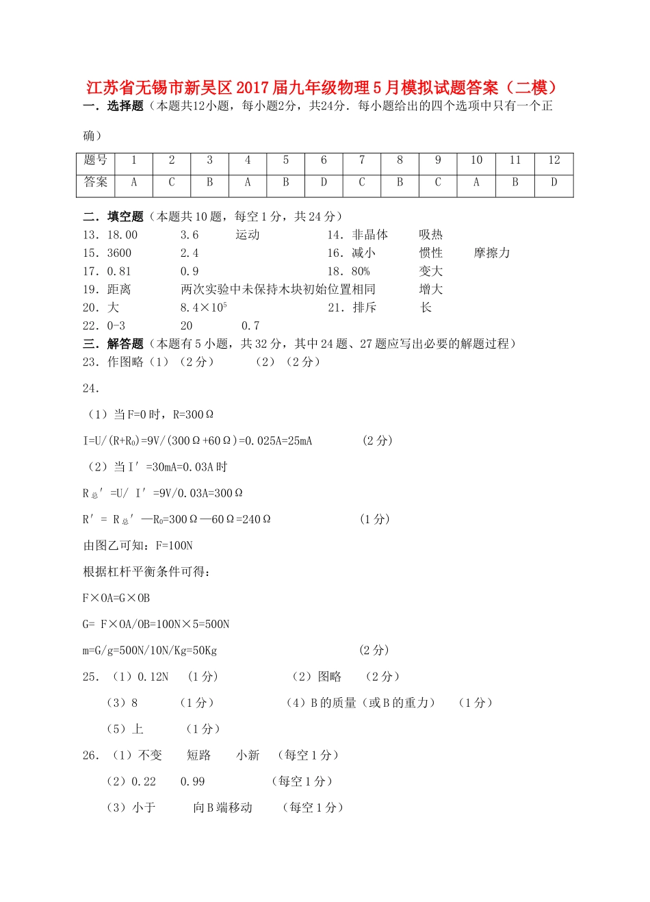 九年级物理5月模拟试卷答案(二模) 060818_第1页