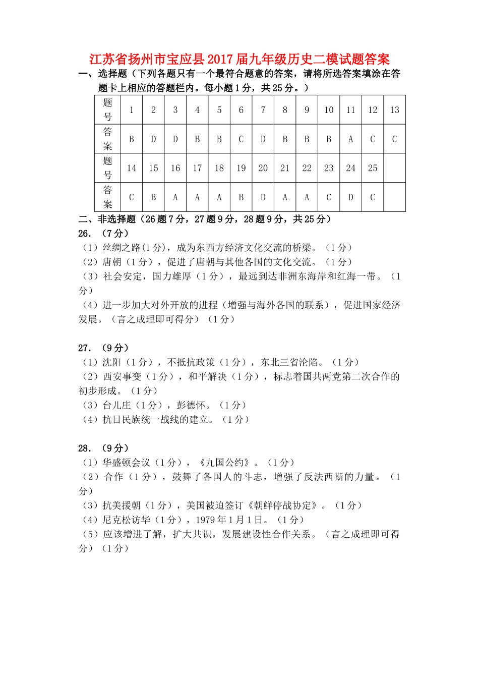 九年级历史二模试卷答案 051922_第1页