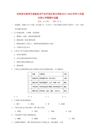 吉林省长春净月高新技术产业开发区培元学校八年级生物上学期期中试卷 新人教版试卷