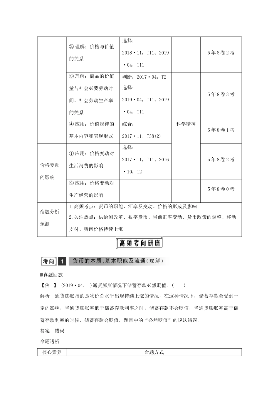 （浙江专用）高考政治二轮复习 第一课时 货币与价格讲义增分练（含解析）-人教版高三全册政治试题_第2页