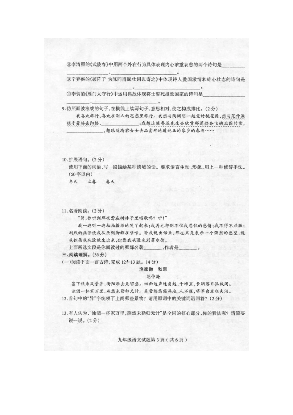 山东省莒南县九年级语文上学期期末考试试卷试卷_第3页