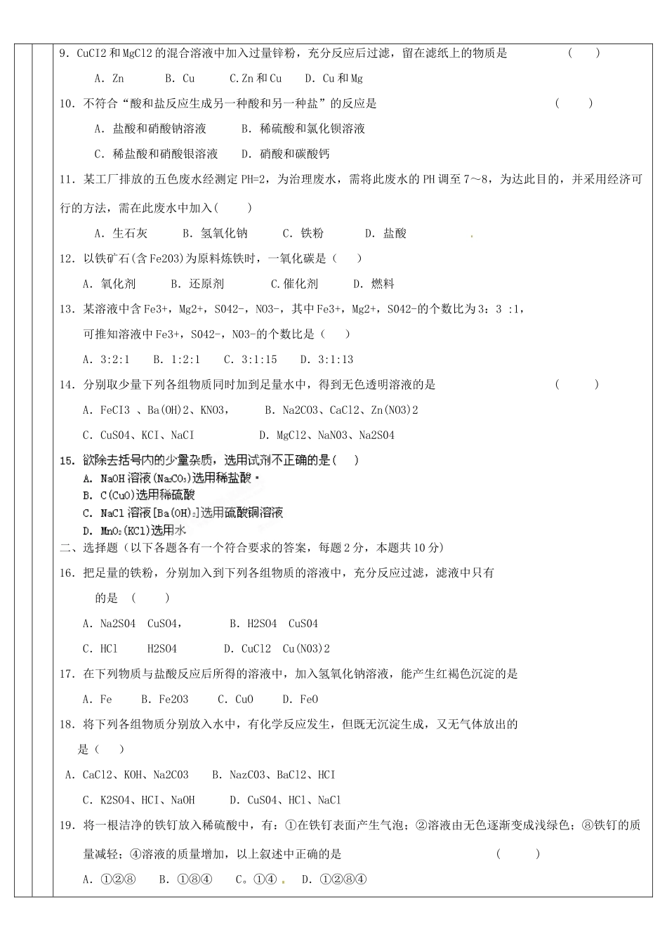 九年级化学 酸碱盐复习题试卷_第2页