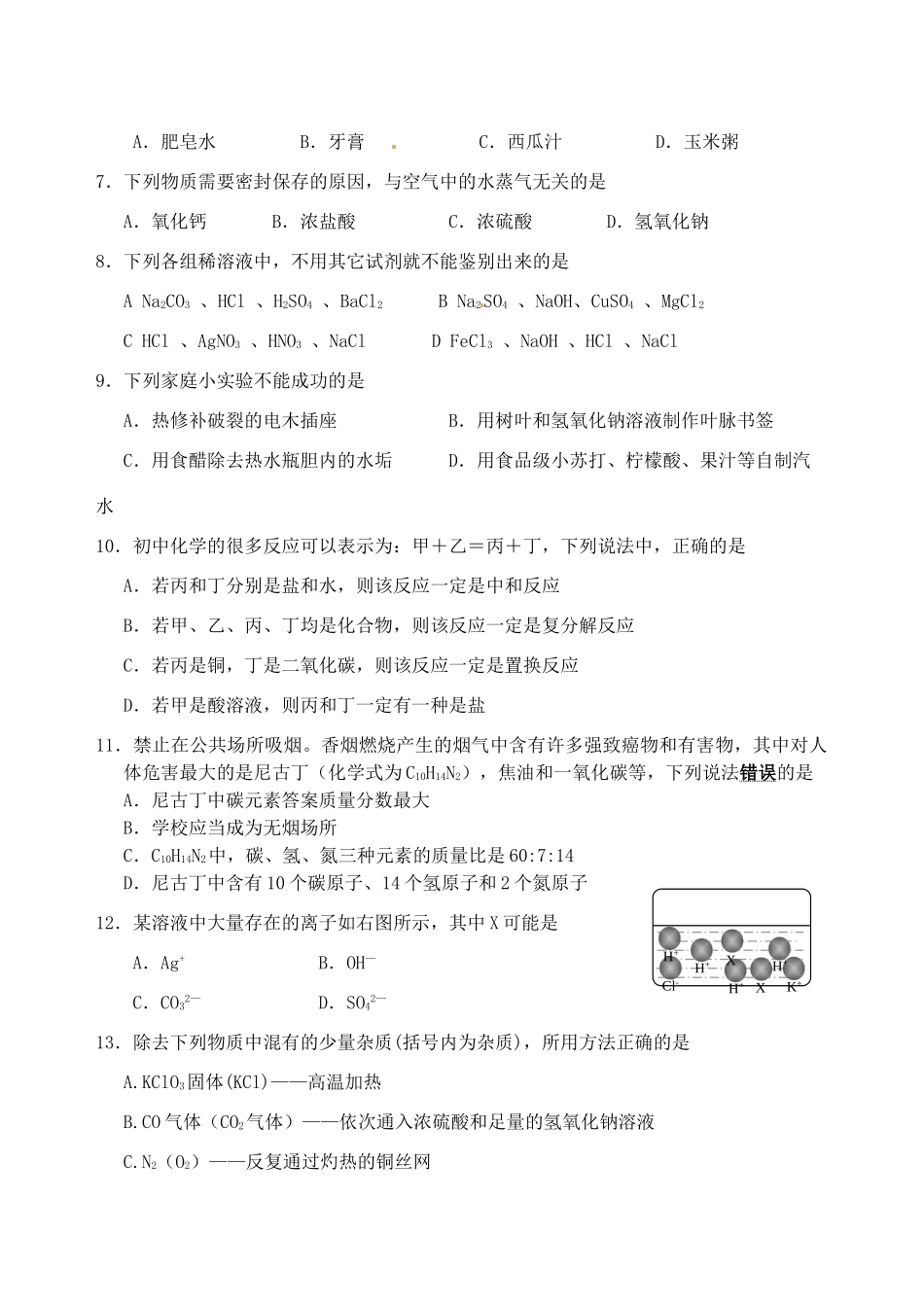 九年级化学下学期第二次质量监测试卷 沪教版试卷_第2页