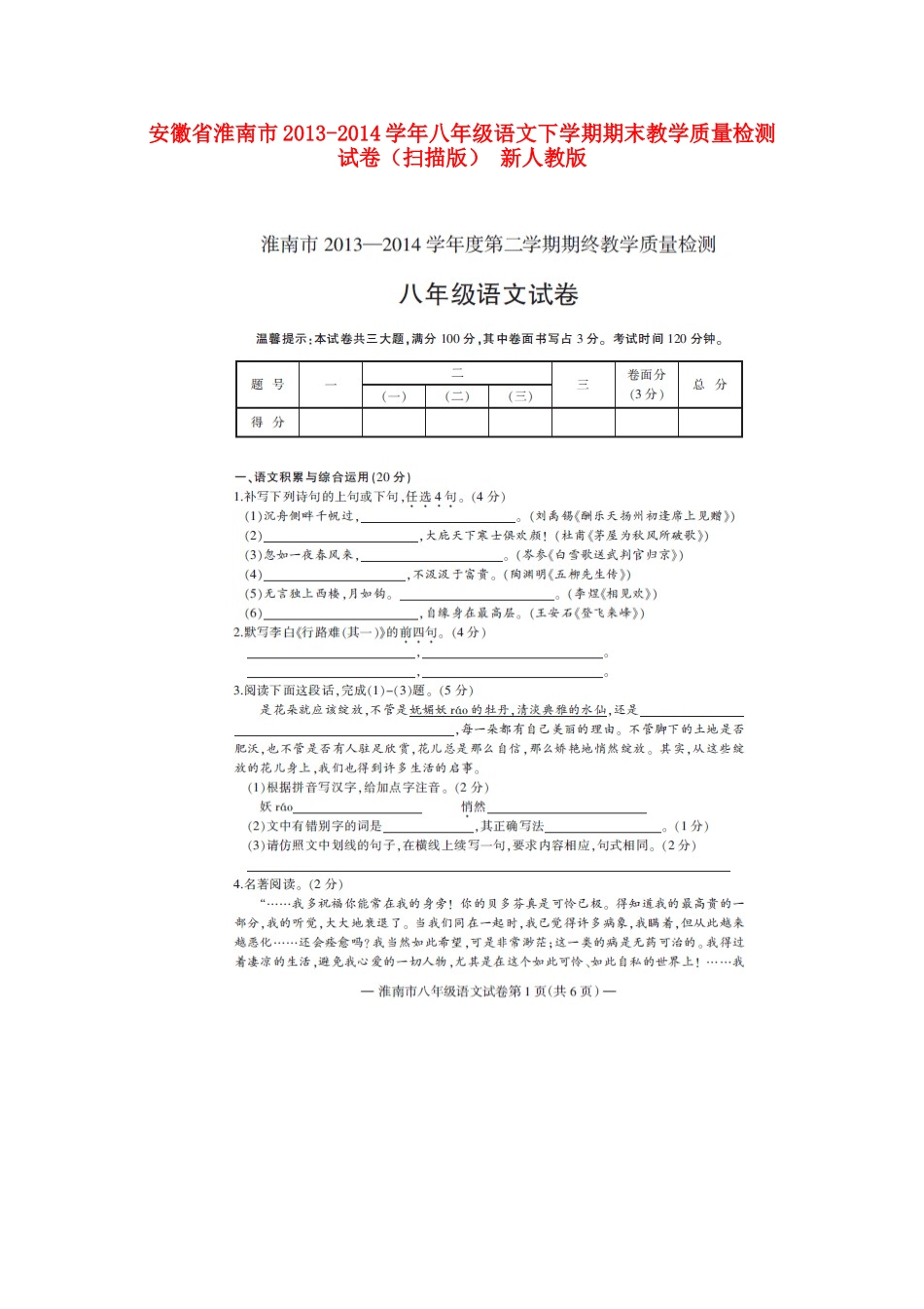 安徽省淮南市八年级语文下学期期末教学质量检测试卷新人教版试卷_第1页