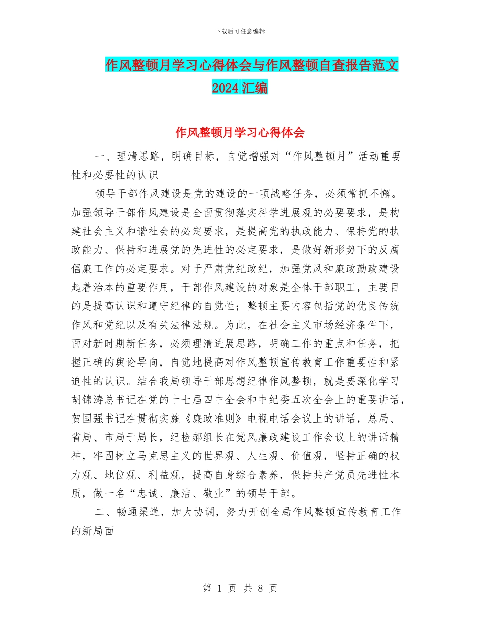 作风整顿月学习心得体会与作风整顿自查报告范文2024汇编_第1页