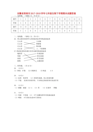 安徽省淮南市七年级生物下学期期末试卷答案 新人教版 安徽省淮南市七年级生物下学期期末试卷(pdf) 新人教版