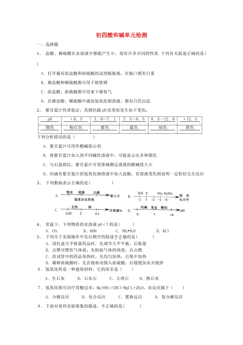 九年级化学 一单元常见的酸和碱测试卷试卷_第1页