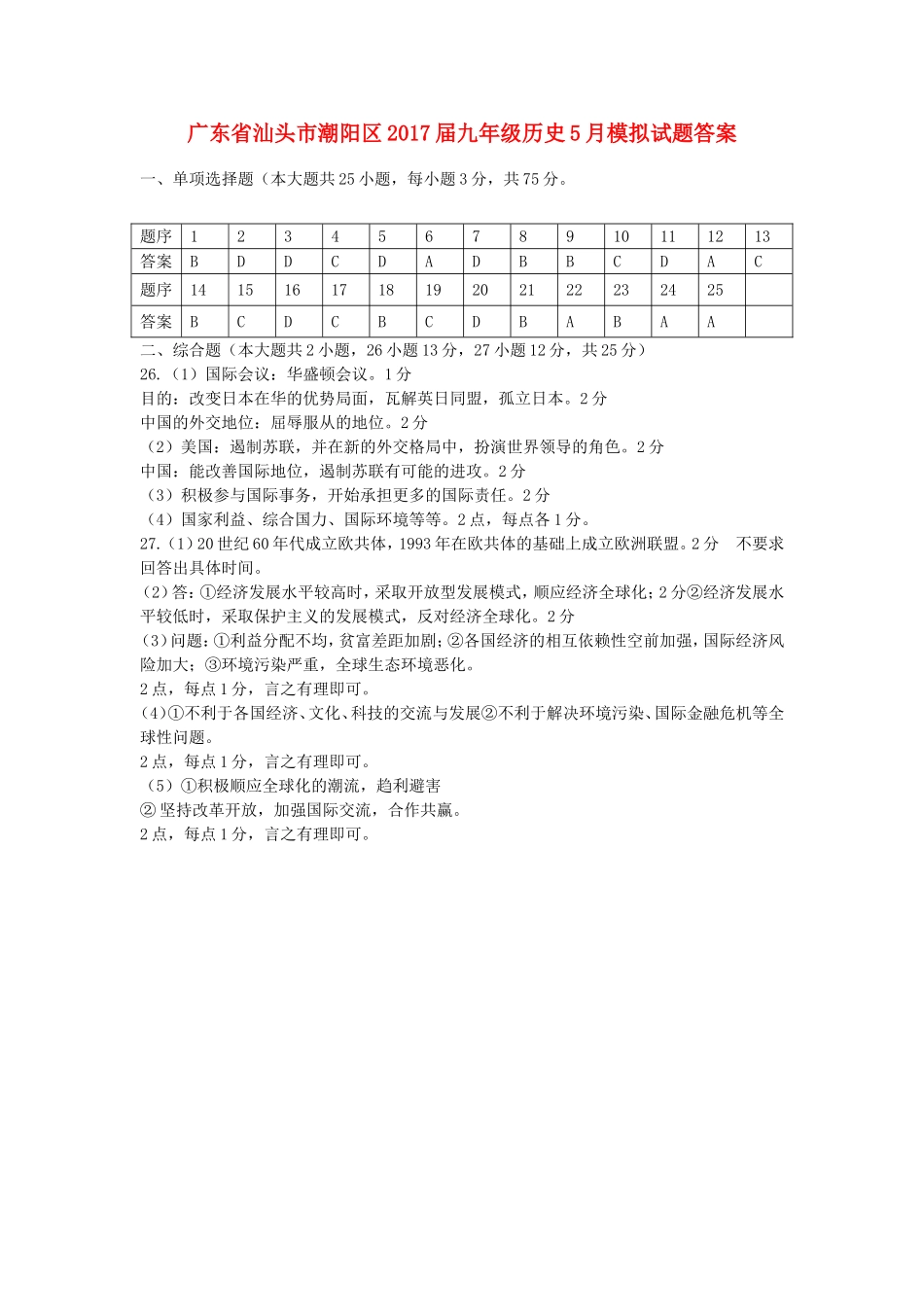 九年级历史5月模拟试卷答案 051043_第1页