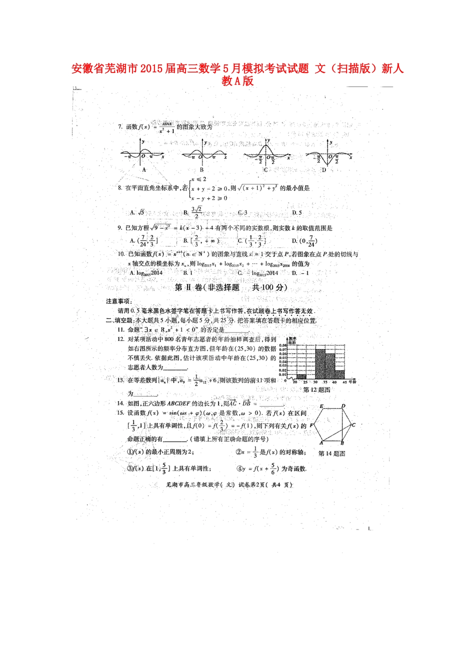 安徽省芜湖市高三数学5月模拟考试试卷 文(扫描版)新人教A版试卷_第1页