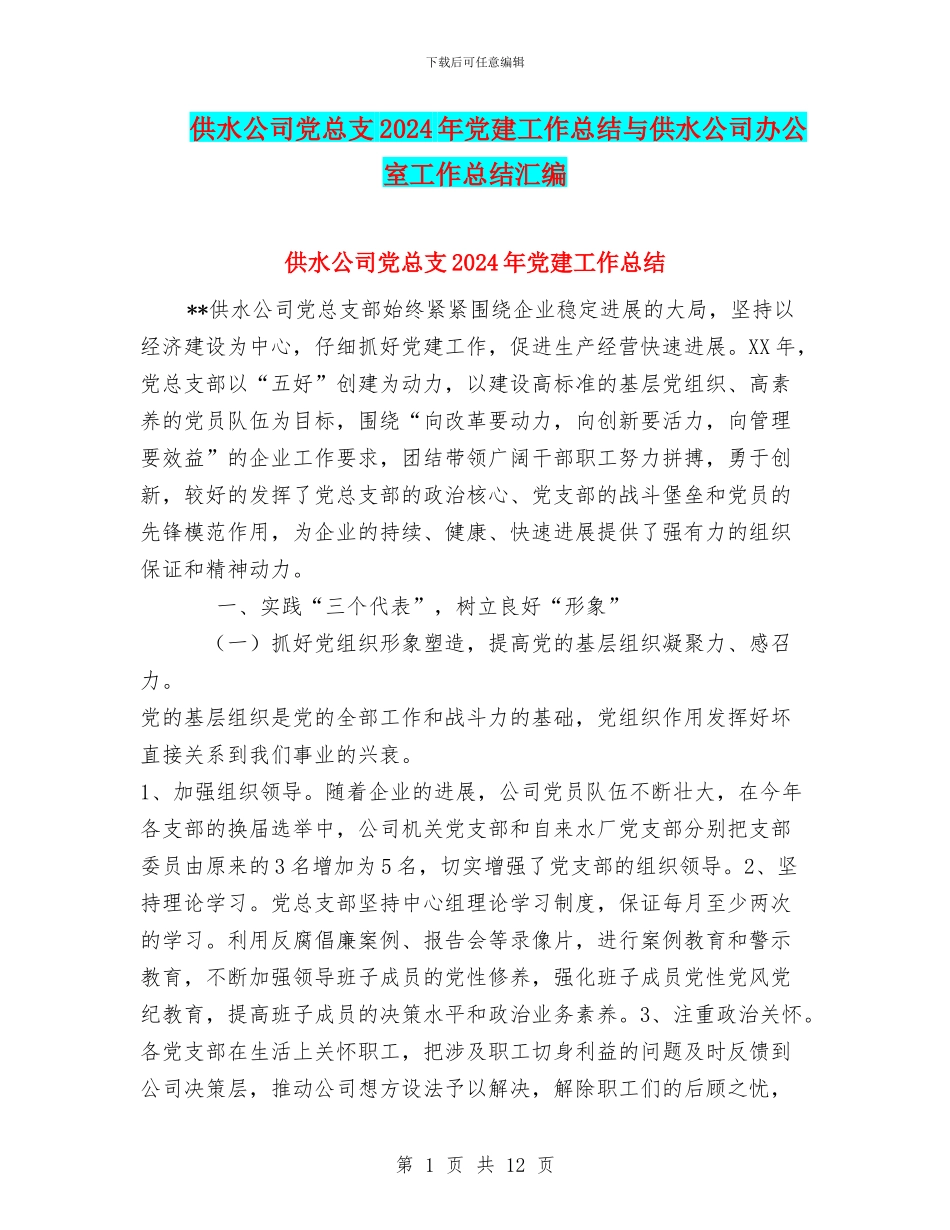 供水公司党总支2024年党建工作总结与供水公司办公室工作总结汇编_第1页