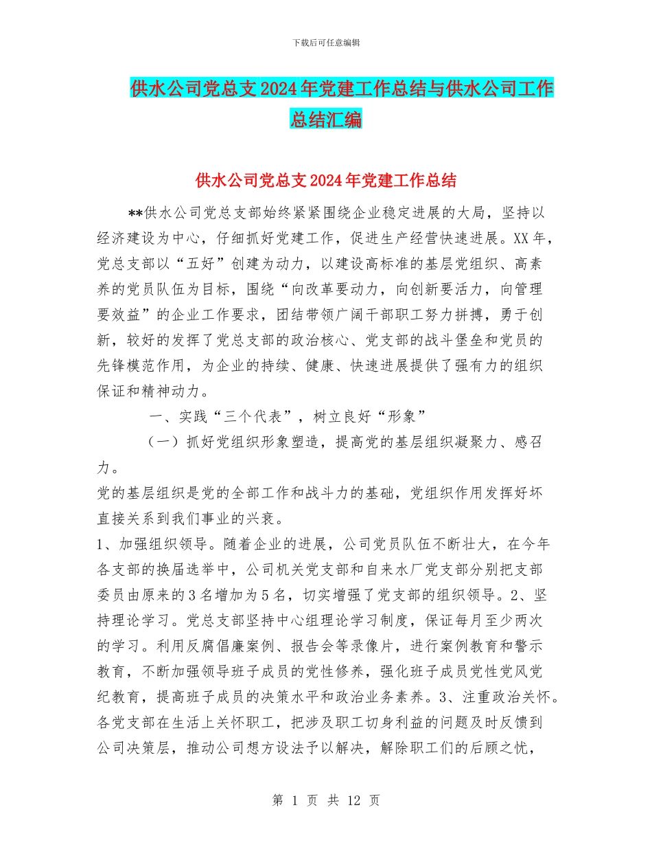 供水公司党总支2024年党建工作总结与供水公司工作总结汇编_第1页