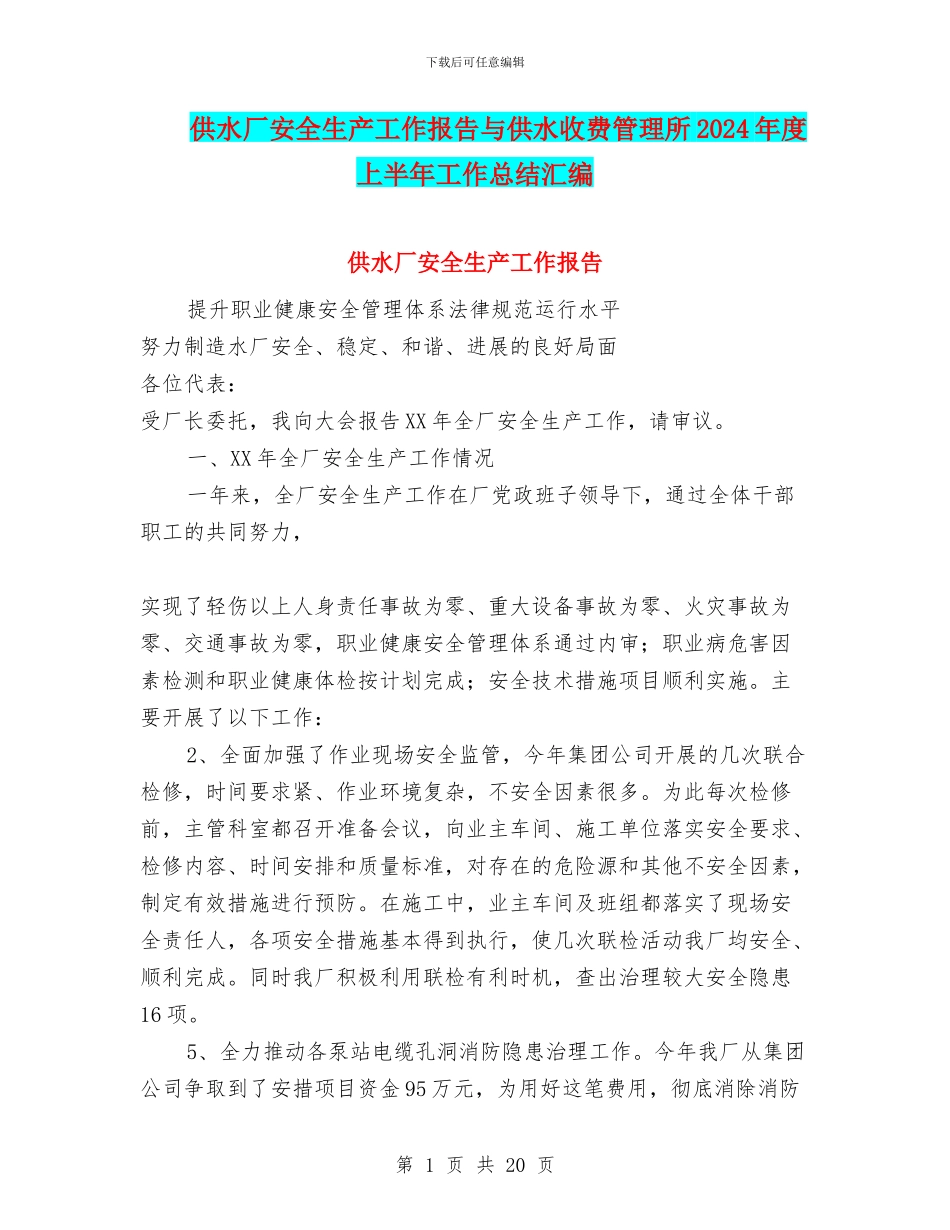 供水厂安全生产工作报告与供水收费管理所2024年度上半年工作总结汇编_第1页