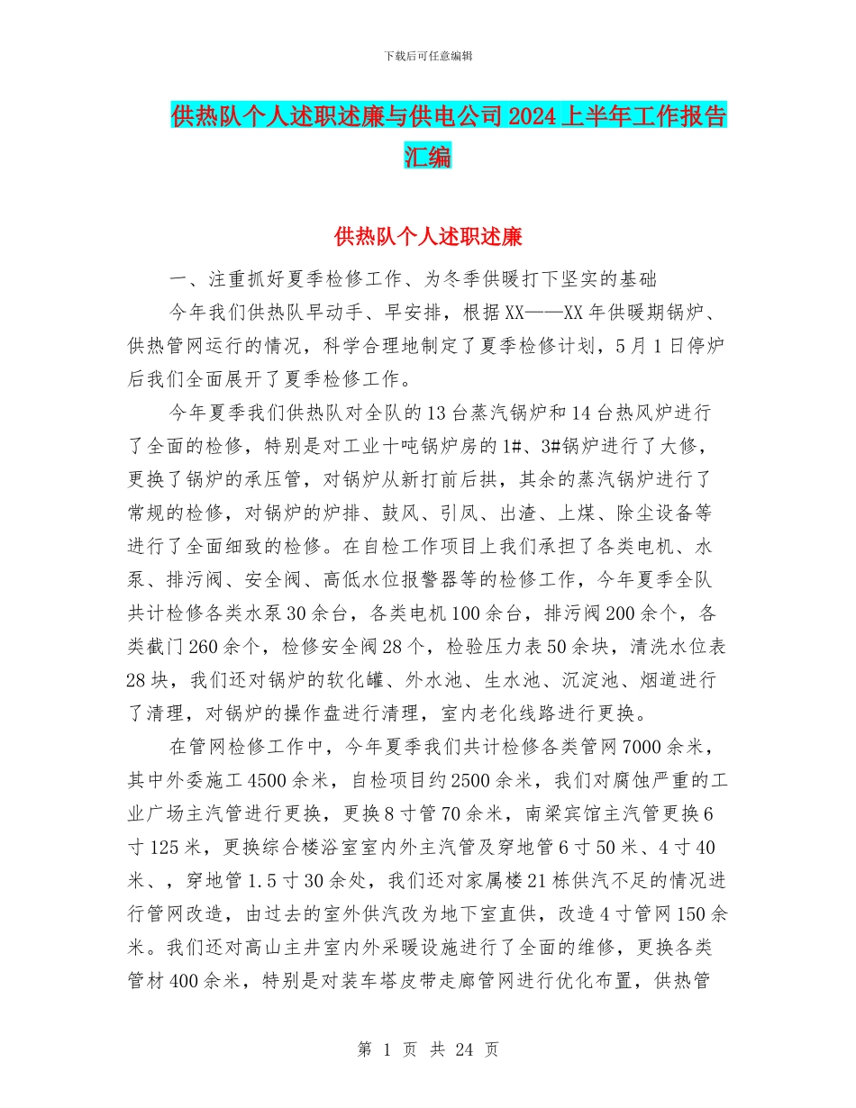 供热队个人述职述廉与供电公司2024上半年工作报告汇编_第1页