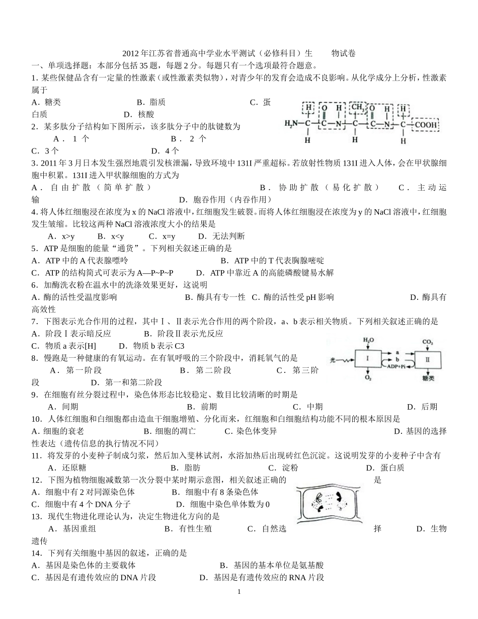 2012年江苏省普通高中学业水平测试_第1页