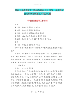供电企业检修班工作总结与供电公司2024上半年建立公司职代会制度工作报告汇编
