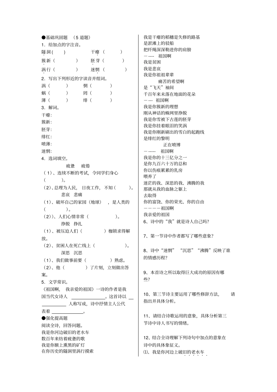 九年级下册祖国啊我亲爱的祖国同步练习_第2页