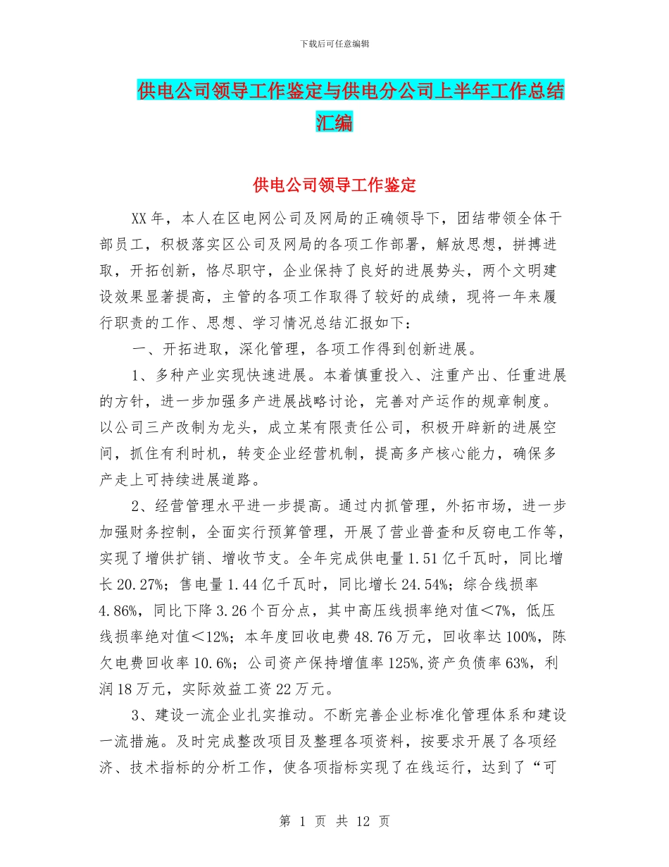 供电公司领导工作鉴定与供电分公司上半年工作总结汇编_第1页
