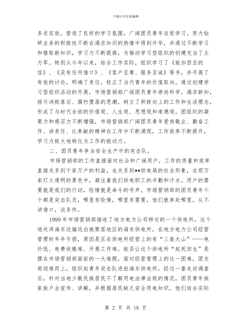供电局争创五四红旗团支部申报材料与供电局创百安活动工作总结汇编_第2页
