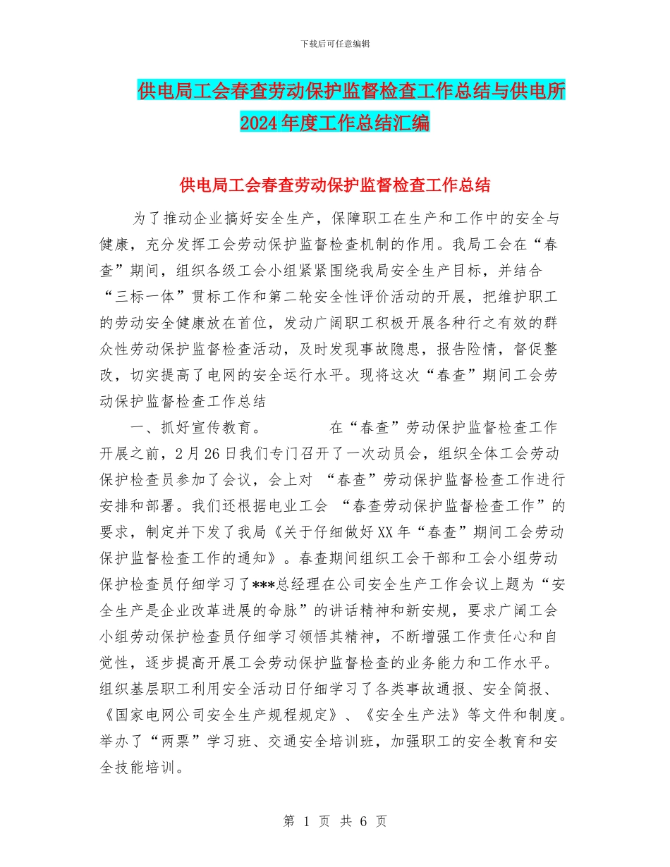 供电局工会春查劳动保护监督检查工作总结与供电所2024年度工作总结汇编_第1页
