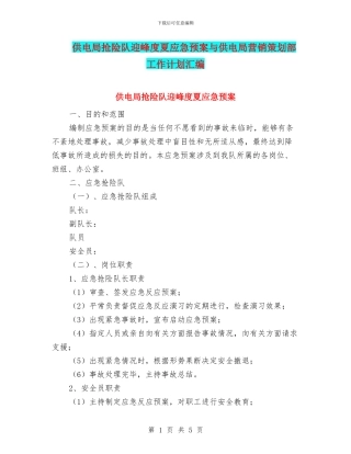 供电局抢险队迎峰度夏应急预案与供电局营销策划部工作计划汇编