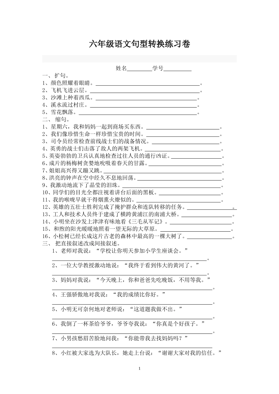 六年级语文句型转换练习卷_第1页