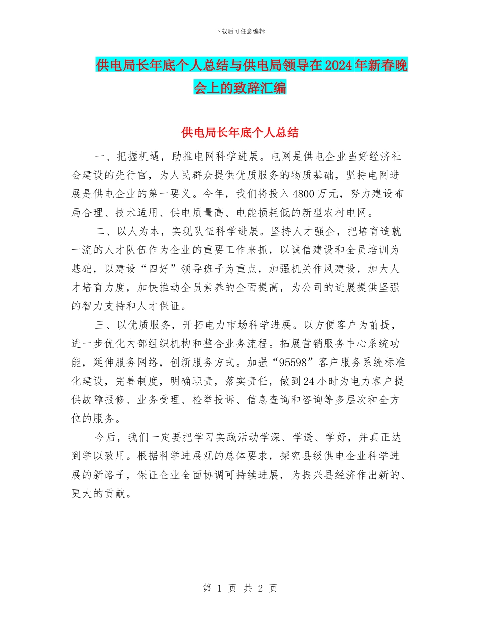 供电局长年底个人总结与供电局领导在2024年新春晚会上的致辞汇编_第1页
