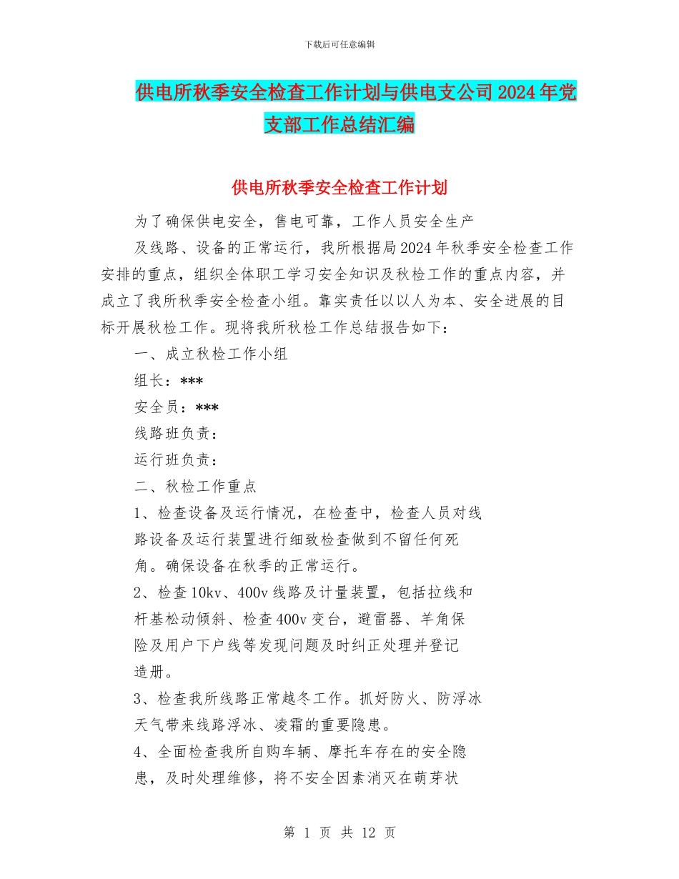 供电所秋季安全检查工作计划与供电支公司2024年党支部工作总结汇编_第1页