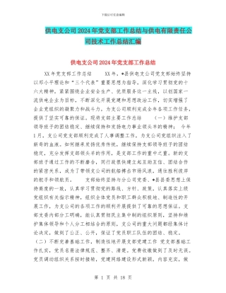 供电支公司2024年党支部工作总结与供电有限责任公司技术工作总结汇编