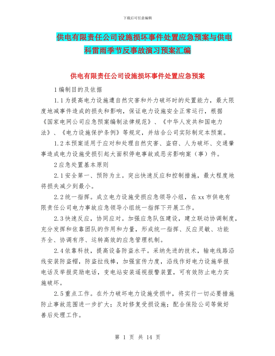 供电有限责任公司设施损坏事件处置应急预案与供电科雷雨季节反事故演习预案汇编_第1页