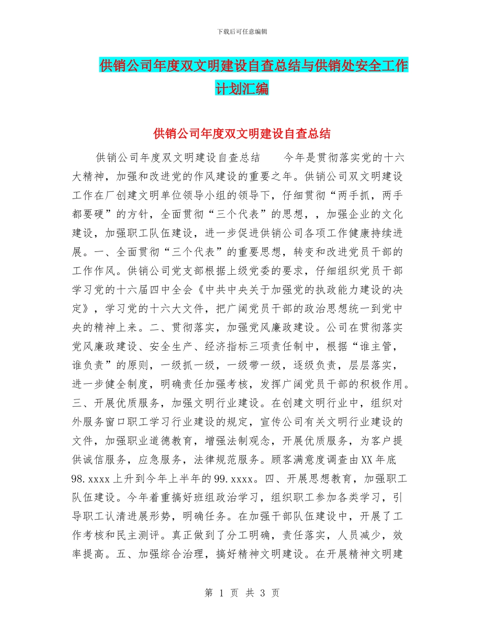 供销公司年度双文明建设自查总结与供销处安全工作计划汇编_第1页