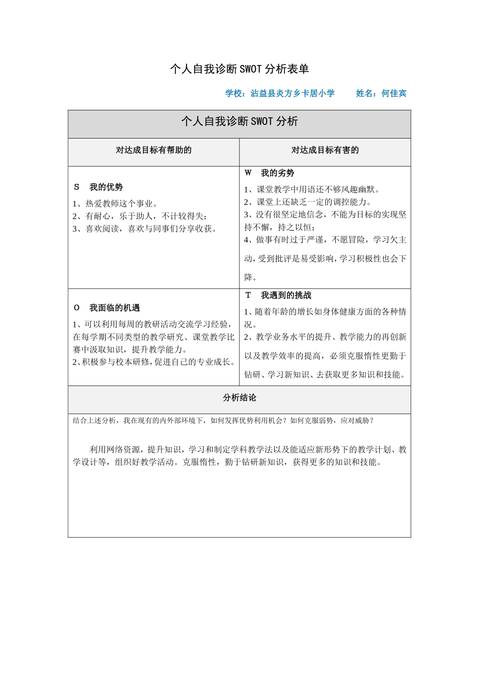 何佳宾个人自我诊断SWOT分析表(1)_第1页